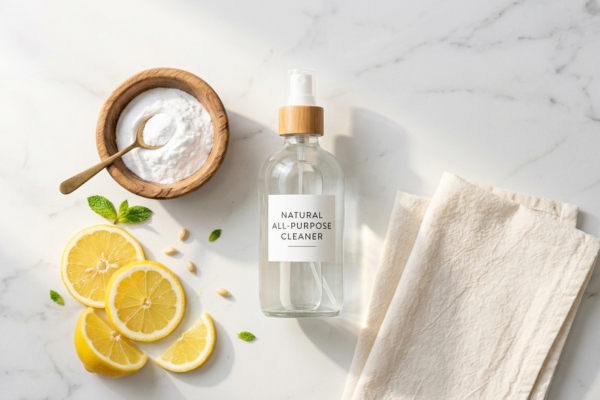 photorealistic flat lay on a clean white marble countertop