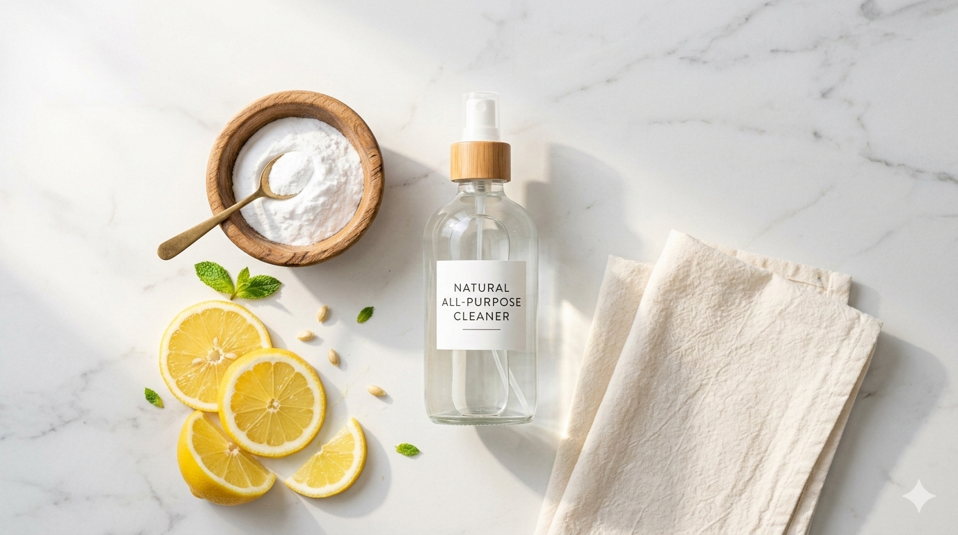 photorealistic flat lay on a clean white marble countertop