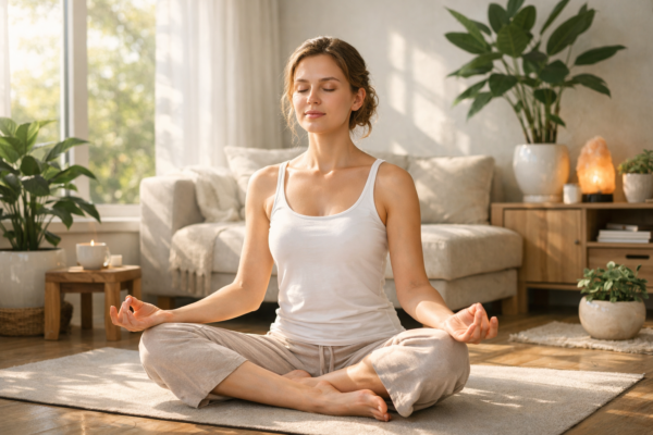serene woman sits cross-legged on a soft yoga mat in her bright living room