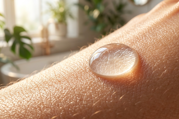 show a clear liquid chemical exfoliant drop. Also, place the drop on glowing skin.