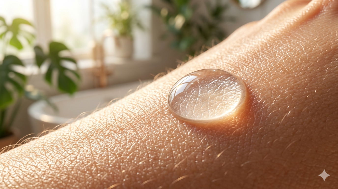 show a clear liquid chemical exfoliant drop. Also, place the drop on glowing skin.