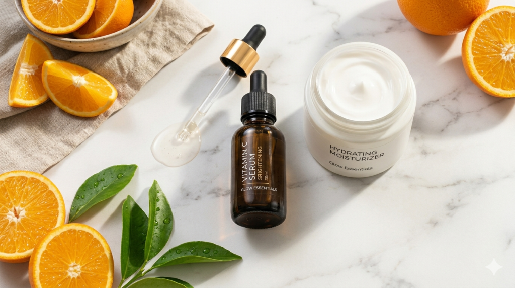 skincare products on a clean white marble countertop.