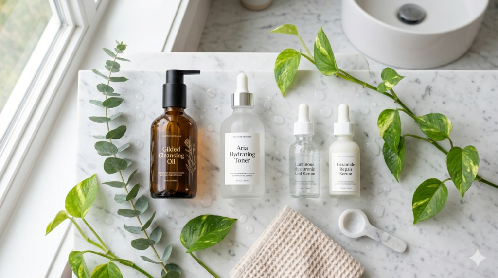 skincare products on a clean white marble countertop