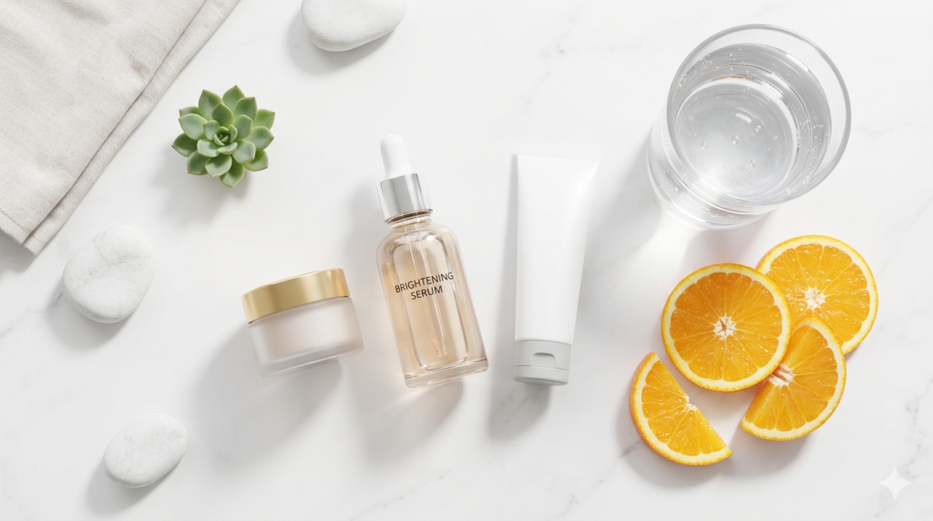skincare products on a white table. Also, include a glass of pure water and orange slices