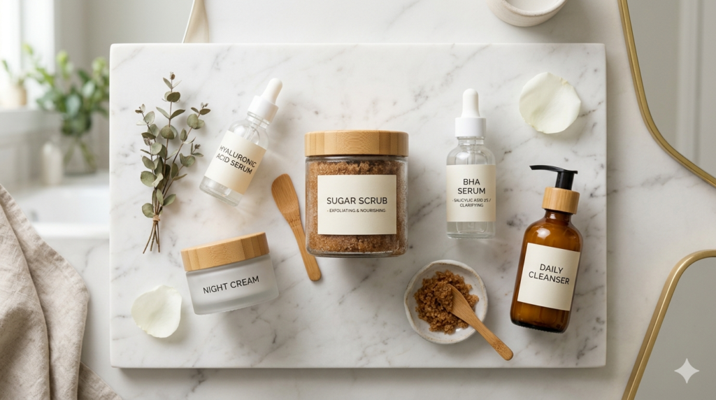 skincare products on marble. Also, include a brown sugar scrub jar