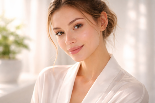 woman looking at the camera with highly bright, clear, and glowing skin