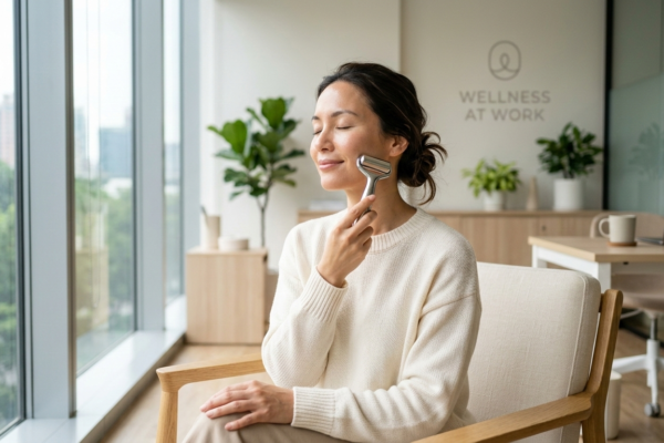 woman taking a relaxing break in a modern, bright office