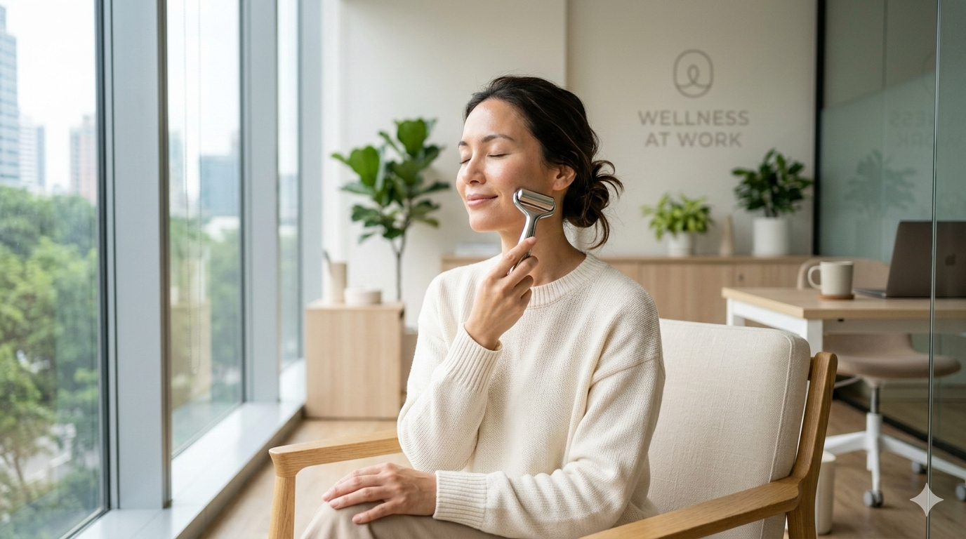 woman taking a relaxing break in a modern, bright office