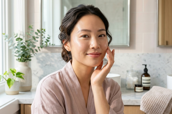 woman with flawless, glowing, and dewy glass skin, touching her face gently.