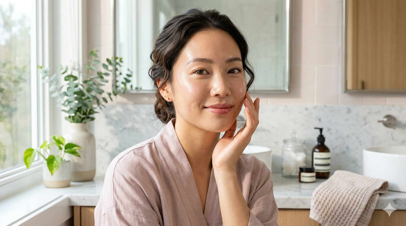 woman with flawless, glowing, and dewy glass skin, touching her face gently.