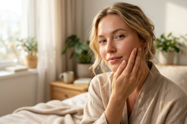 young woman completely. Next, show her touching her glowing radiant skin softly