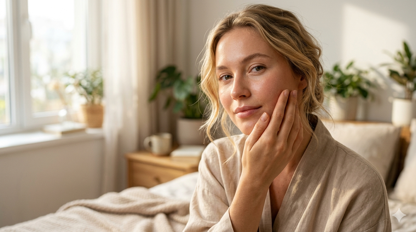 young woman completely. Next, show her touching her glowing radiant skin softly