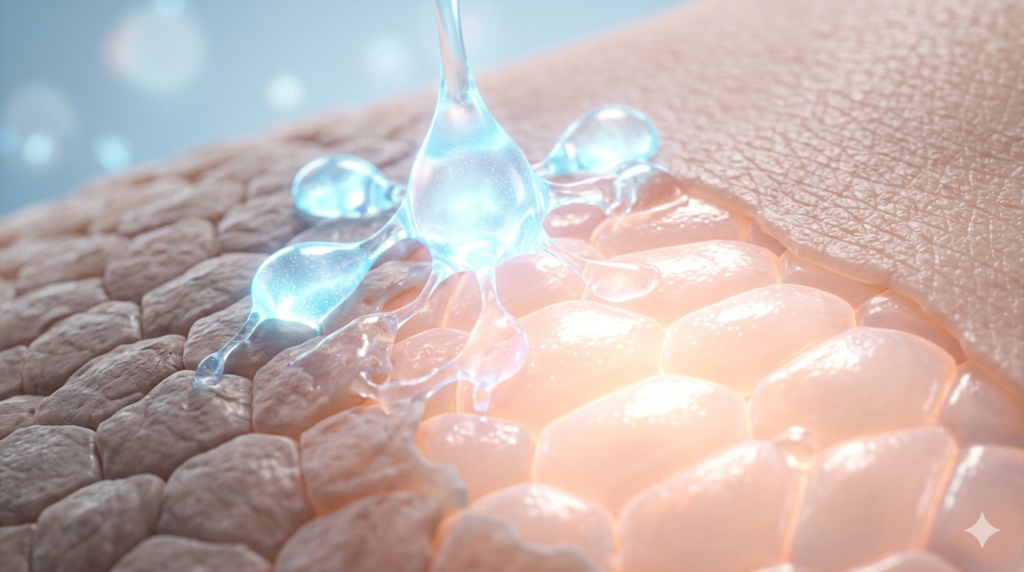 3D macro render of glowing liquid toner drops interacting with healthy skin cells