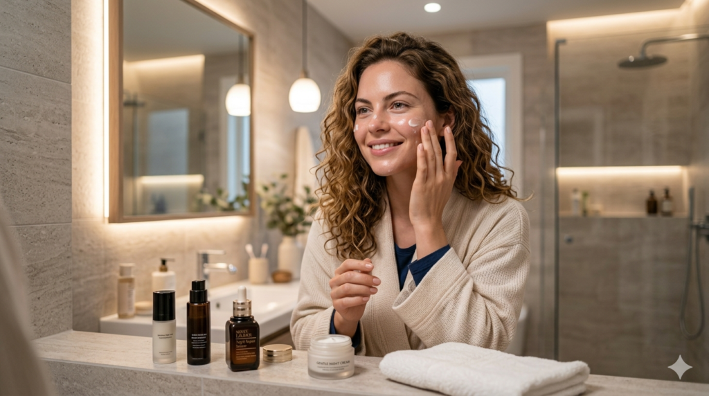 Sleep and melatonin,woman happily doing her nightly skincare routine