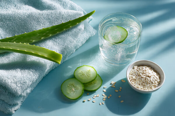 Cooling natural ingredients like aloe vera and oatmeal to rescue your skin from sunburn