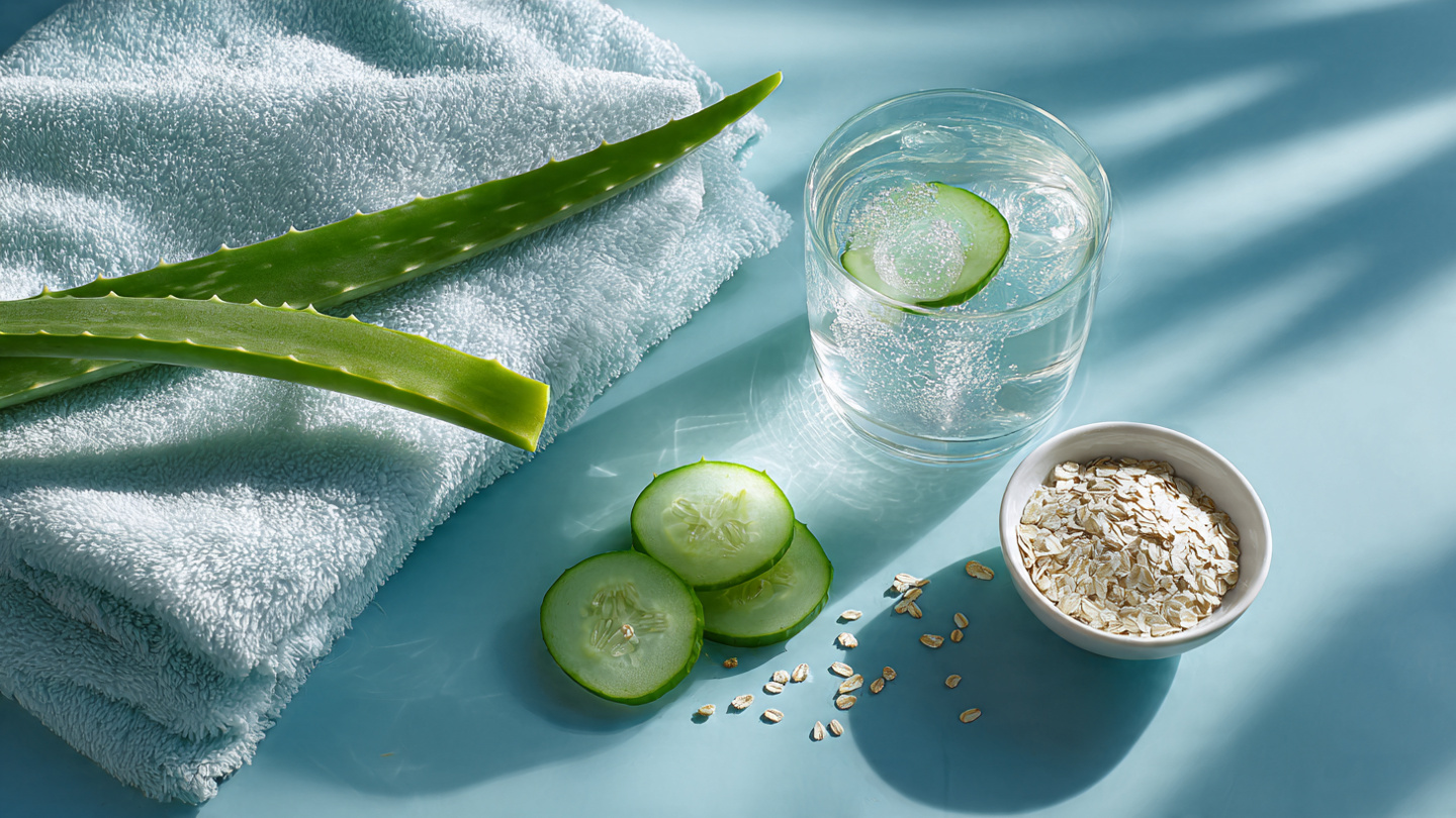 Cooling natural ingredients like aloe vera and oatmeal to rescue your skin from sunburn