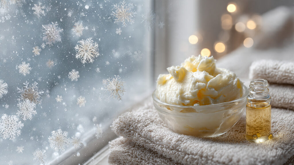 Thick shea butter and golden facial oils for winter deep hydration routine