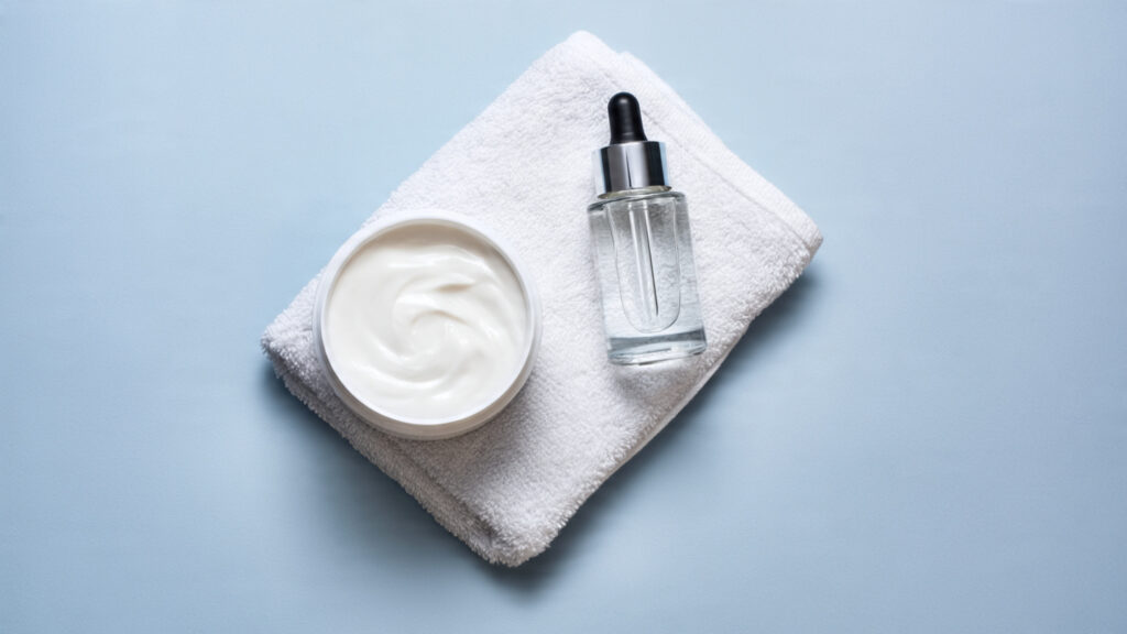 Gentle sensitive skincare products including thick repair cream and a soft white towel on a light blue background.