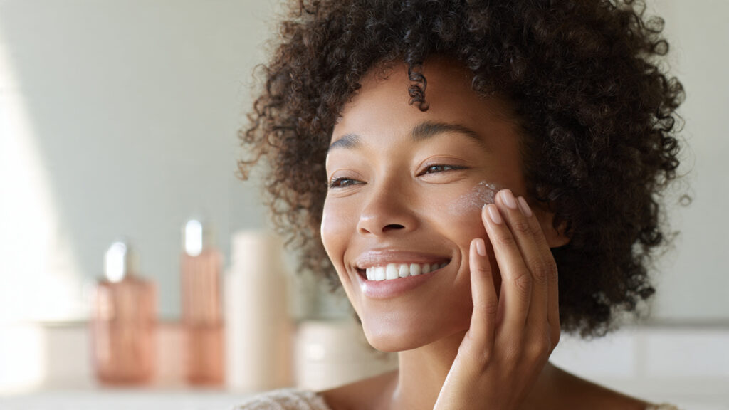 Woman applying sensitive skincare cream to glowing face