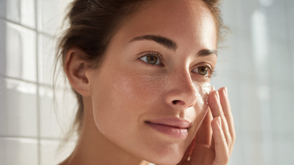 Woman gently applying natural soothing gel to calm skin redness