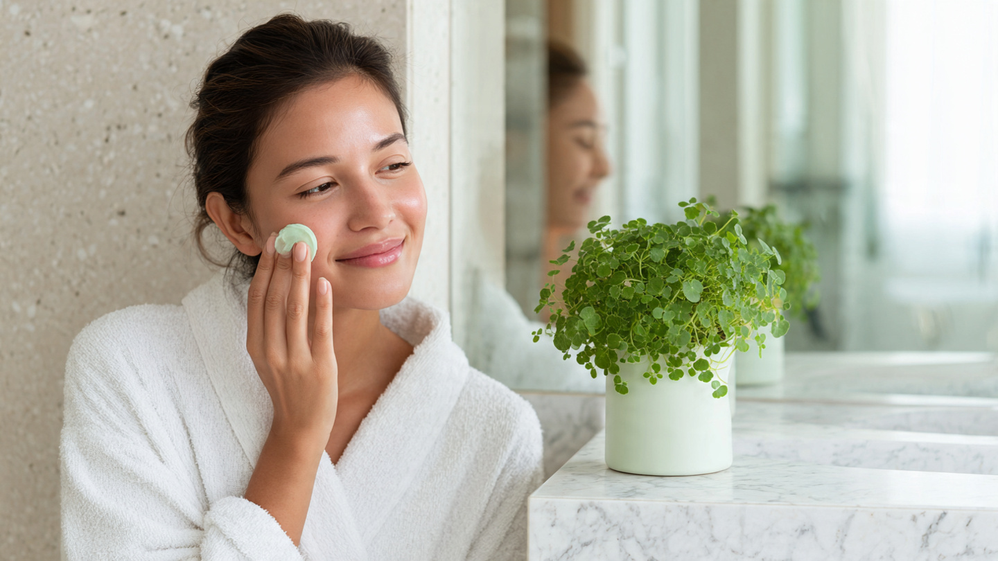 Woman gently applying soothing Centella Asiatica cica cream to calm her face
