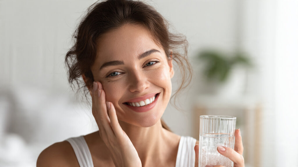 Woman drinking pure water and applying hydration serum for dehydrated skin