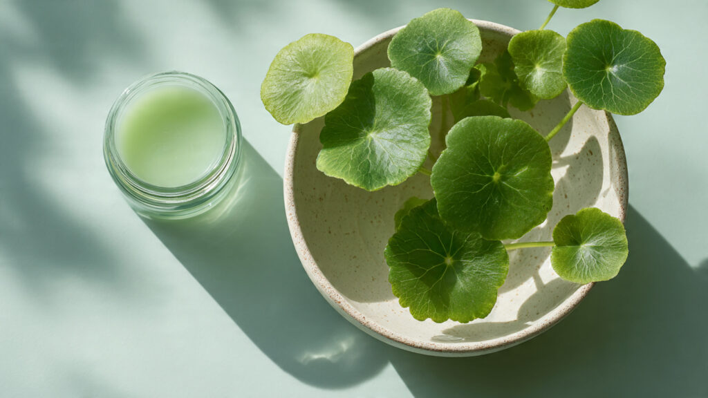 Fresh green Centella Asiatica leaves and soothing cica cream for irritated skin