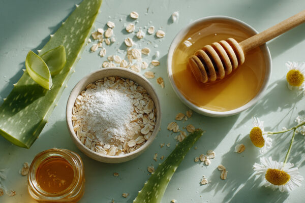 5 natural ingredients pure aloe vera green tea oatmeal honey chamomile to soothe skin redness