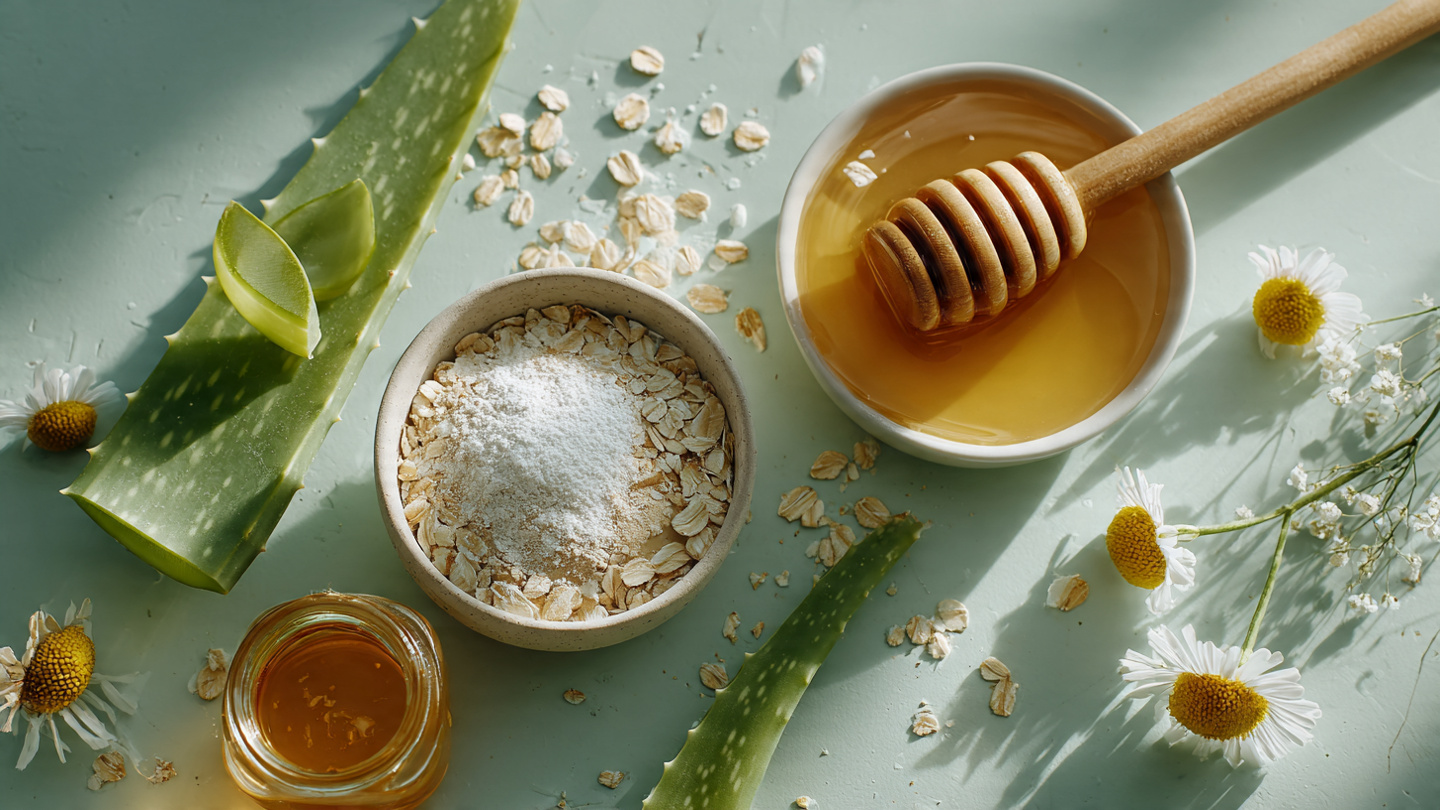5 natural ingredients pure aloe vera green tea oatmeal honey chamomile to soothe skin redness