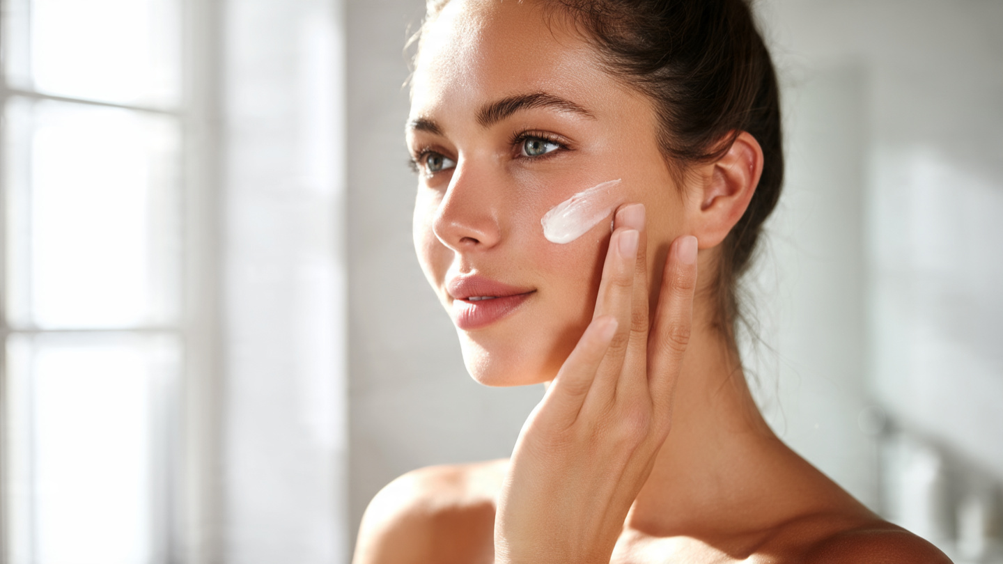 A calm young woman gently applying rich face cream to her healthy glowing skin in a bright modern bathroom.