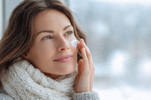 Woman applying thick rich moisturizer to protect face from cold winter weather