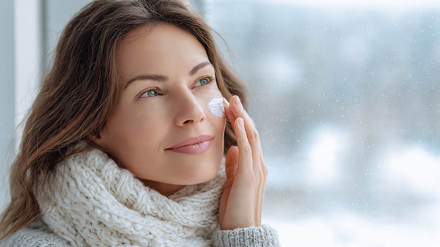 Woman applying thick rich moisturizer to protect face from cold winter weather