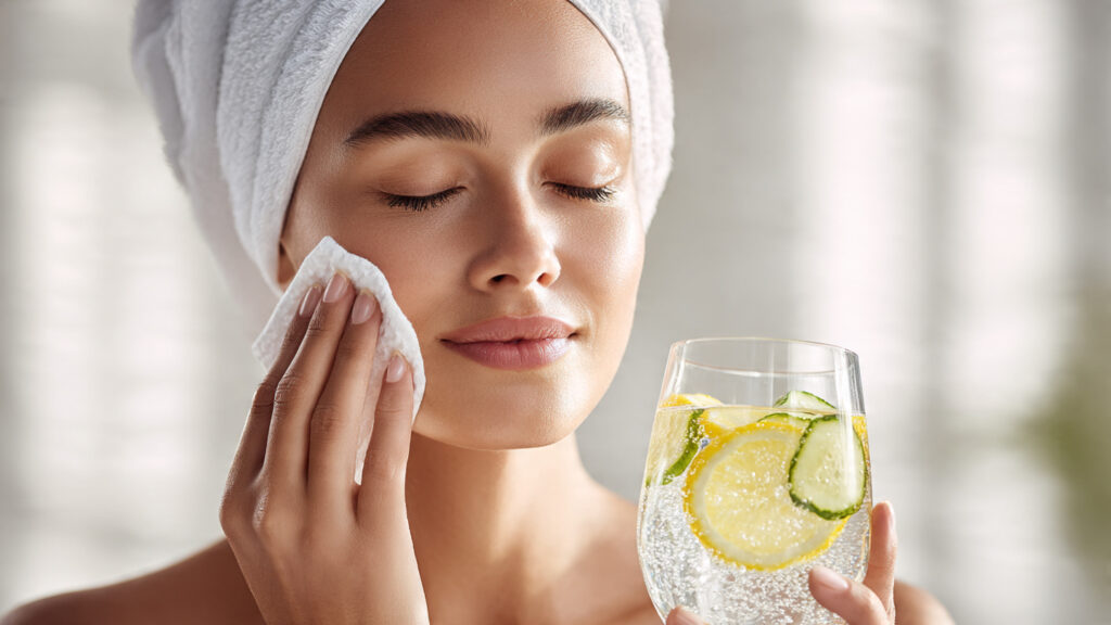Woman cooling her face with a damp cloth and drinking water to rescue skin from sun exposure
