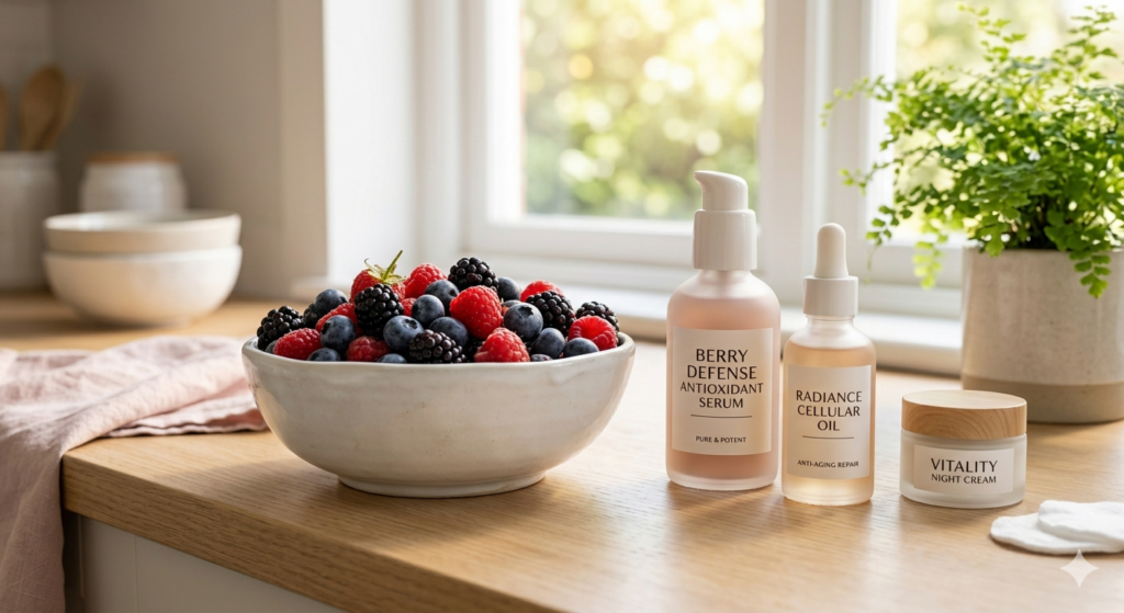 a white bowl of fresh colorful berries next to elegant pure skincare bottles,Antioxidants for skin