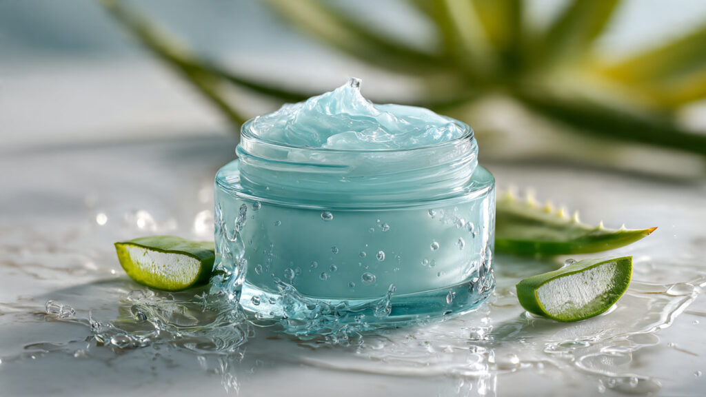 A clear glass jar holding light blue water gel moisturizer surrounded by fresh green aloe vera leaves and pure water splashes.