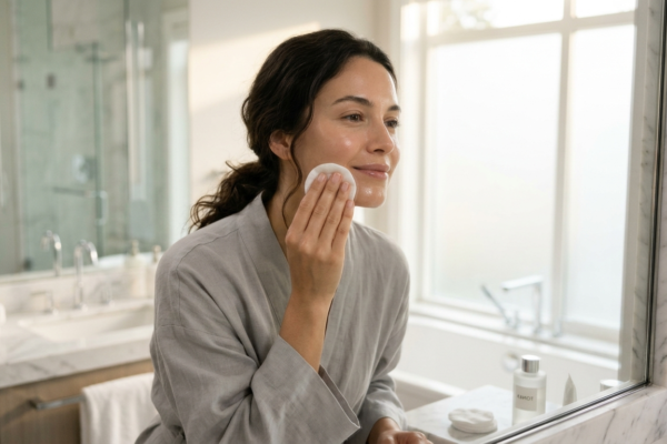beautiful serene woman gently wiping her flawless, glowing face