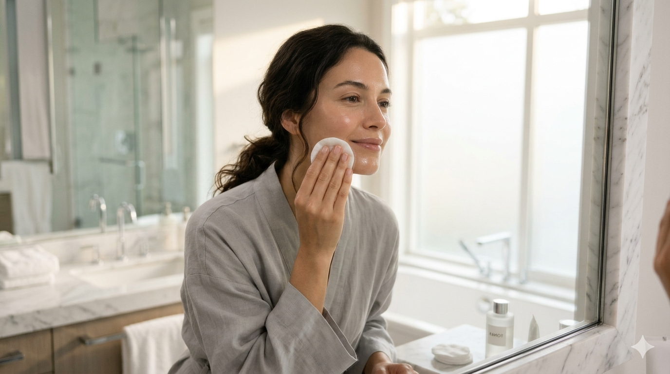 beautiful serene woman gently wiping her flawless, glowing face