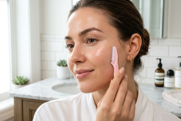 beautiful woman gently using a pink dermaplaning at-home