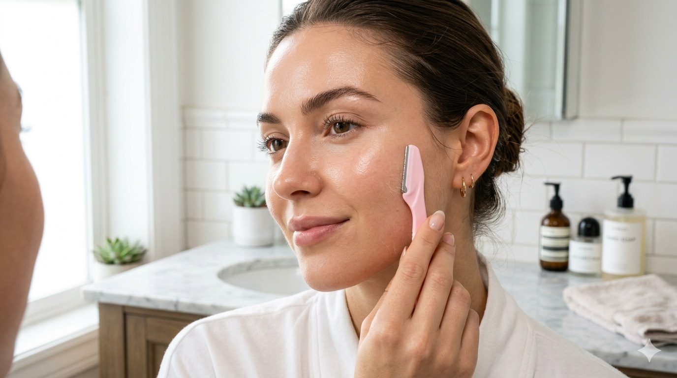 beautiful woman gently using a pink dermaplaning at-home