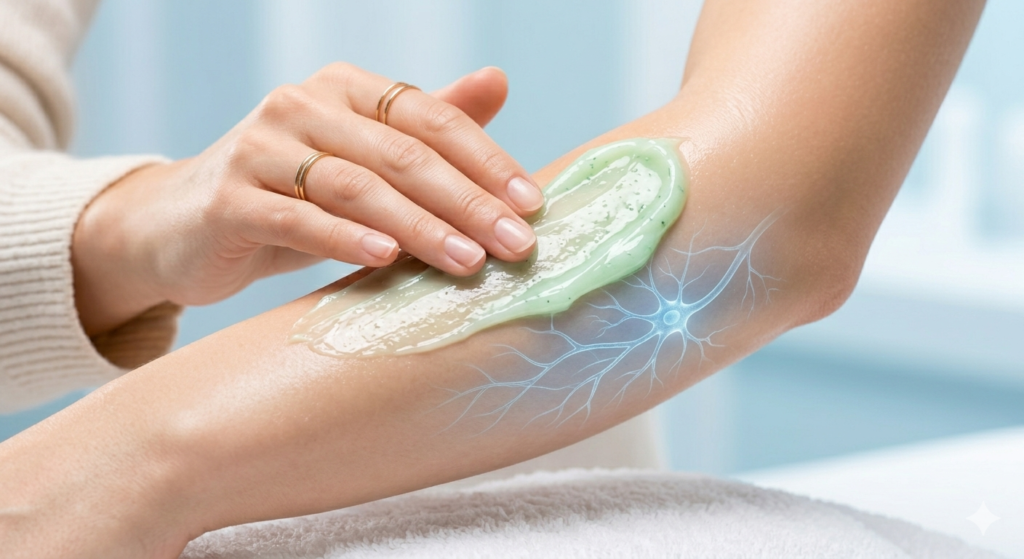 clear female arm with a soft, pure glow,skin sensations