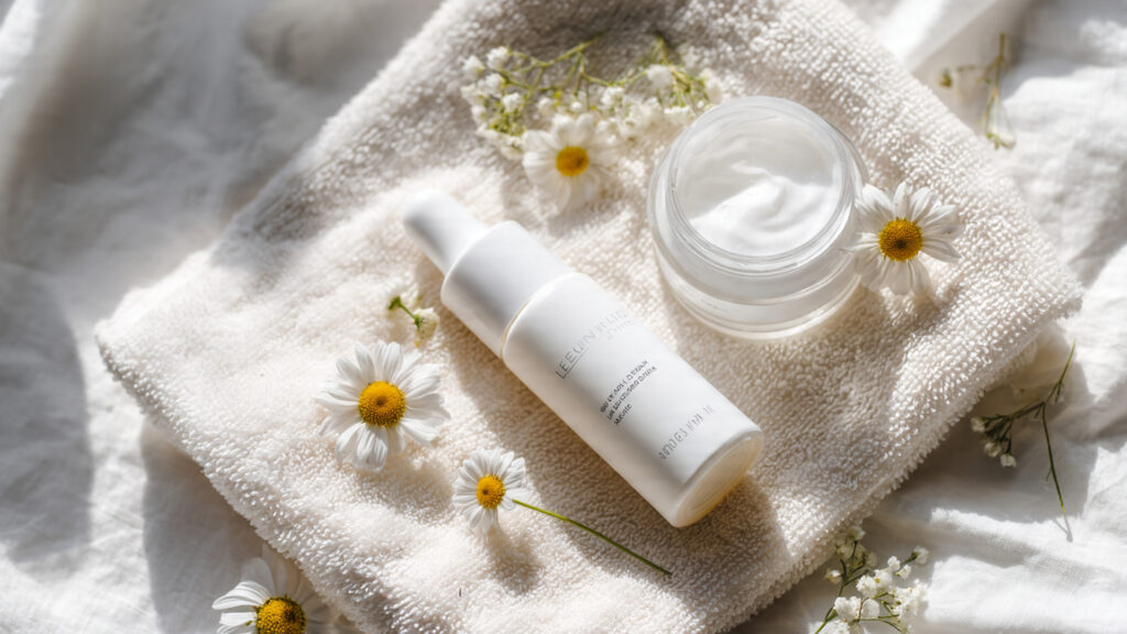 A clean flat lay of gentle skincare products including mineral sunscreen, hydrating serum, and light gel cream on a soft white towel.