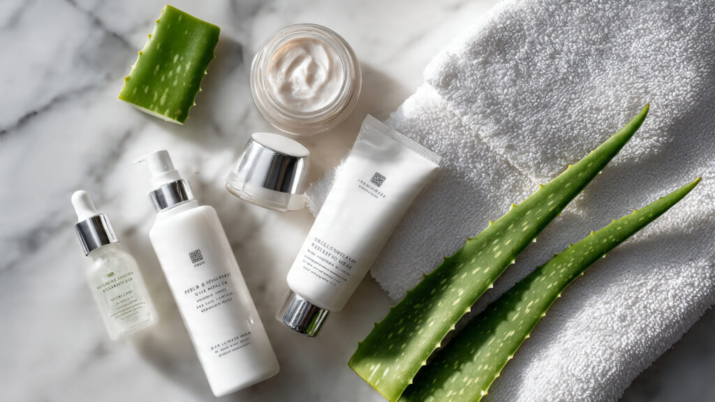 close up highly detailed flat lay of gentle skinca