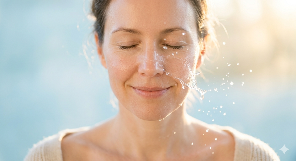 female face with a soft, pure glow. A gentle pure splash of fresh clean cold water