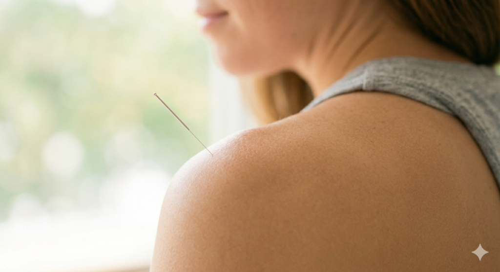 female shoulder with a soft, pure glow. A single needle rests safely in the skin
