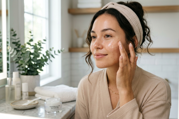 A calm young woman gently applying a clear gel moisturizer to her glowing healthy skin in a modern bright bathroom.