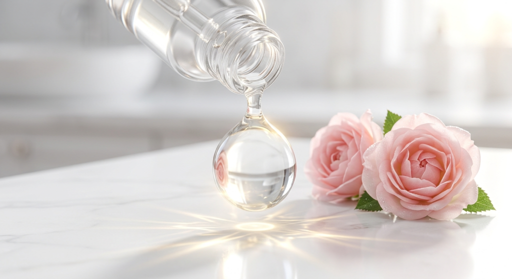 First, a clear glass bottle drops thick pure glycerin liquid beautifully.