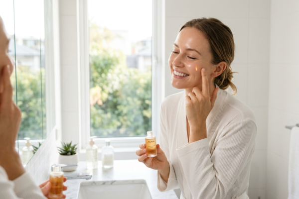 happy 30-year-old woman gently applying a drop of pure glowing