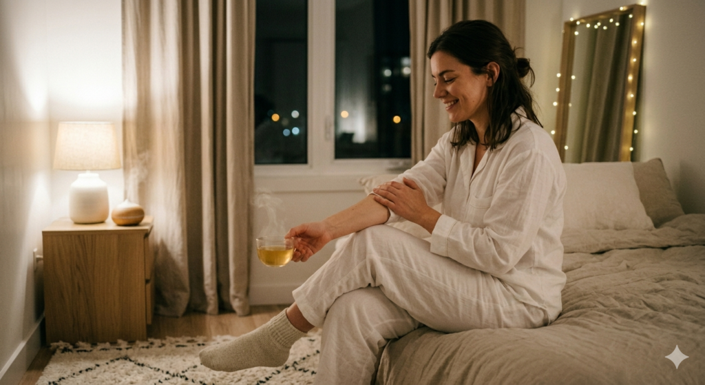 happy woman sitting gracefully on a comfortable soft bed at night