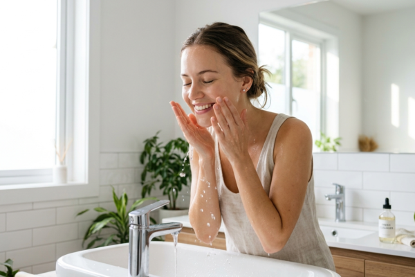 First, a beautiful happy woman gently washes her completely clear face in a bright modern sunlit bathroom