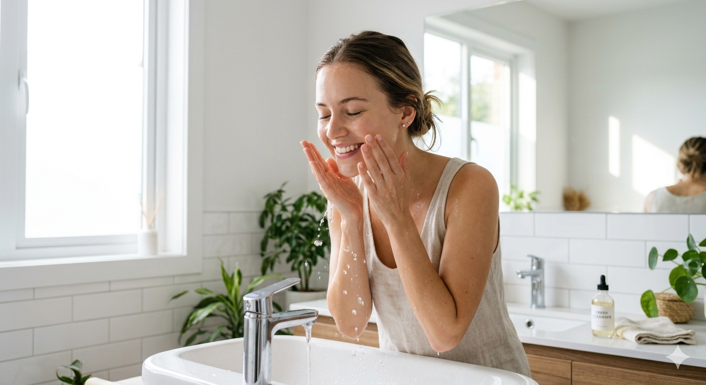 First, a beautiful happy woman gently washes her completely clear face in a bright modern sunlit bathroom